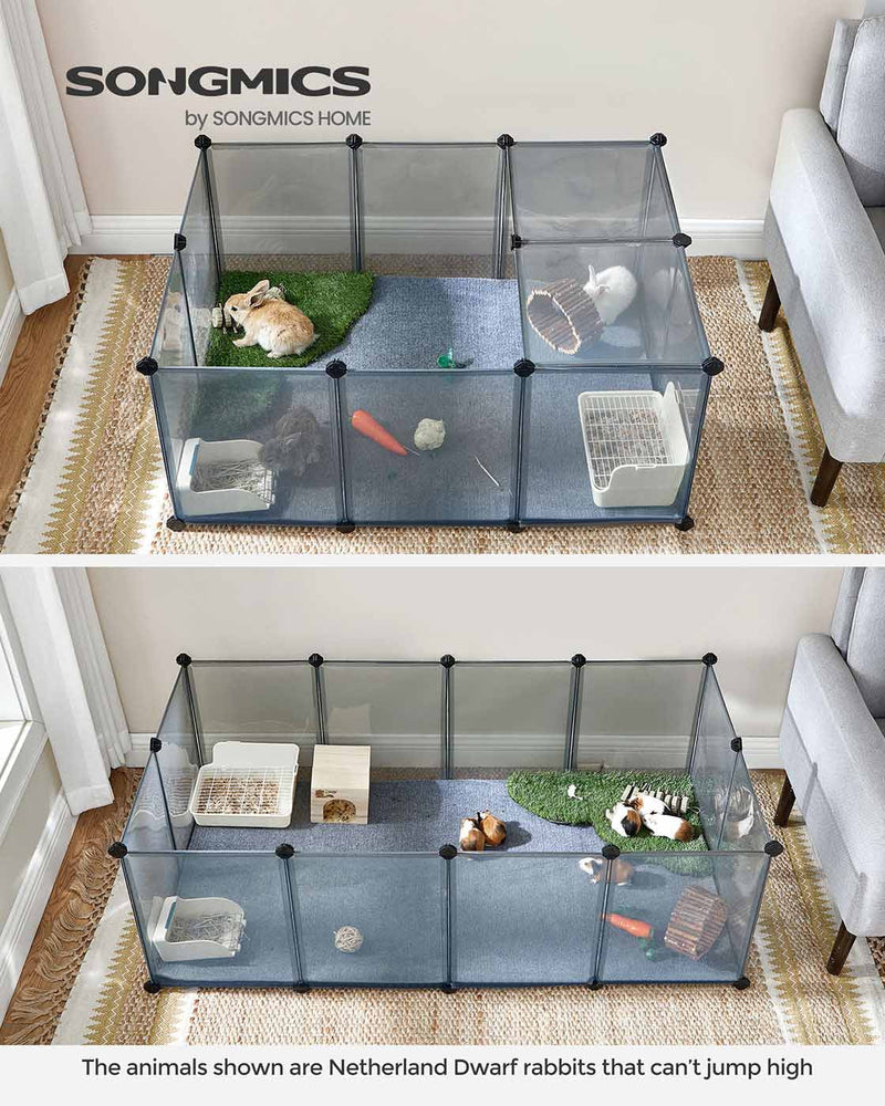Two playpens on a rug holding toy rabbits and guinea pigs with grass mats and accessories inside