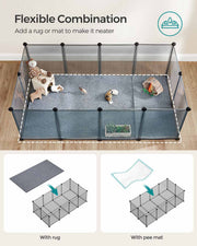 Playpen floor fitted with a grey rug on one side and a waterproof pee mat on the other