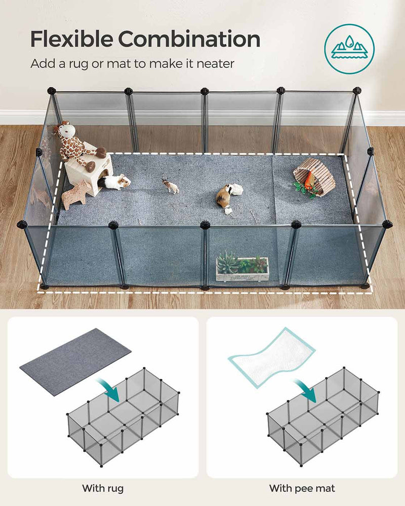 Playpen floor fitted with a grey rug on one side and a waterproof pee mat on the other