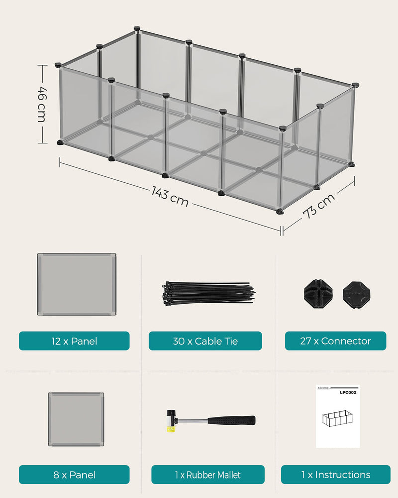 Dimension diagram showing 143 cm length, 73 cm depth, 46 cm height and the panel and connector parts list