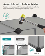 Rubber mallet tapping a panel connector into place during assembly, with a cable tie detail shown