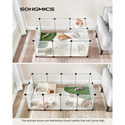 Songmics white pet playpen with floor in a living room, two layouts with Netherland Dwarf rabbits inside