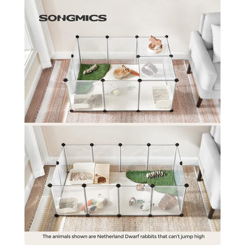 Songmics white pet playpen with floor in a living room, two layouts with Netherland Dwarf rabbits inside