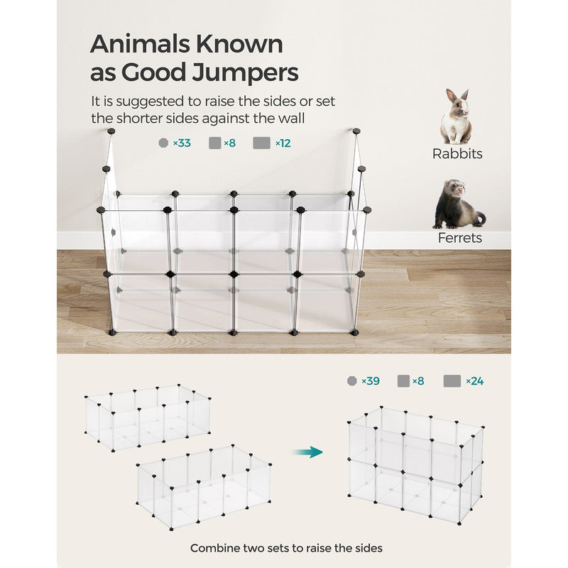 Raised-side playpen layouts for rabbits and ferrets, including two sets combined into one pen