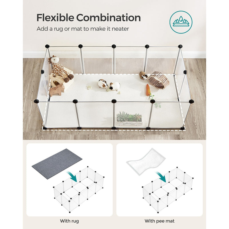 White pet playpen with a grey rug and a pee mat fitted over the floor panels