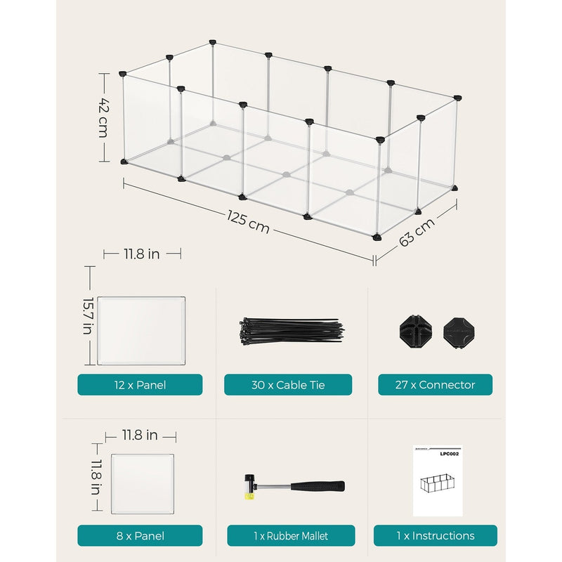 Dimension diagram showing the playpen at 125 x 63 x 42 cm with its panel, connector and mallet parts list