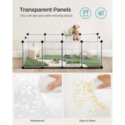 Transparent-panel playpen holding guinea pigs on grass mats, with waterproof and easy-clean close-ups