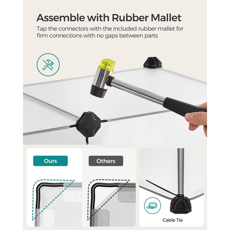 Rubber mallet tapping a black connector onto a white playpen panel, with cable tie fixing detail