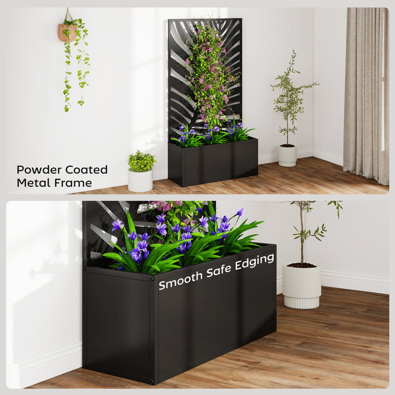 Metal Planter with Leaf Trellis for Climbing Plants and Outdoor Gardening Black