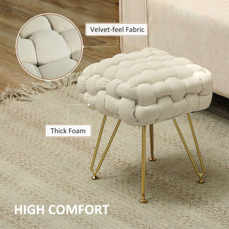 Cream White Velvet Feel Woven Square Footstool With Gold Legs Stylish and Comfortable by HOMCOM