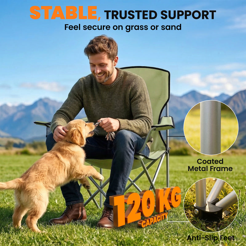 Folding Camping Chair Set of 2 with Wide Seat and Cup Holder for Garden or Trips Army Green