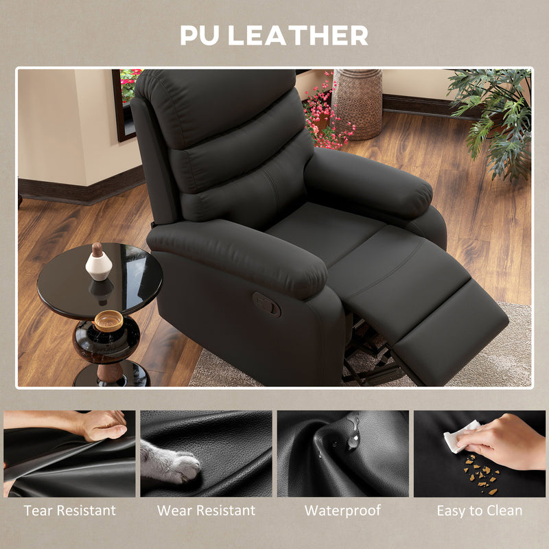 Manual Reclining Armchair with Padded Seat Retractable Footrest and Wood Frame Black
