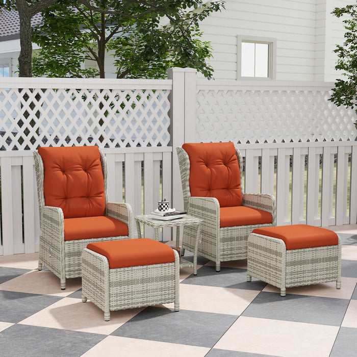 5 Piece Rattan Bistro Set with Reclining Chairs Cushions and Table in Orange by Outsunny