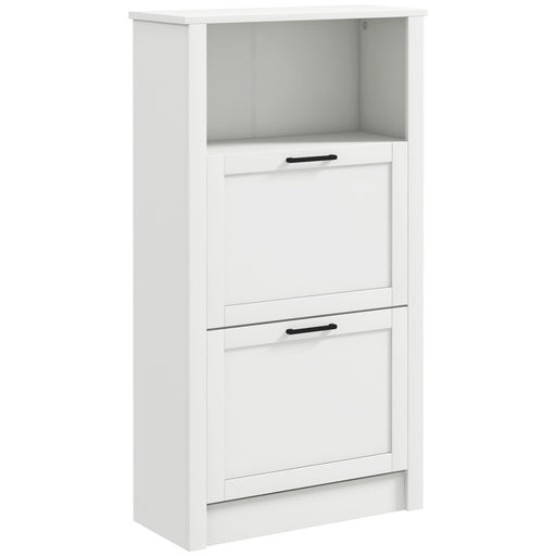 White Narrow Shoe Cabinet with Flip Drawers and Adjustable Shelves for Hallway Storage