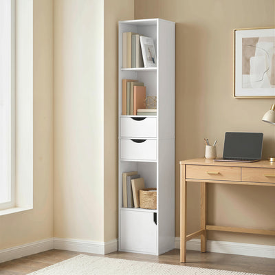 Slim Corner Bookcase with Shelves Drawers and Cabinet for Compact Home Storage White AOSOM