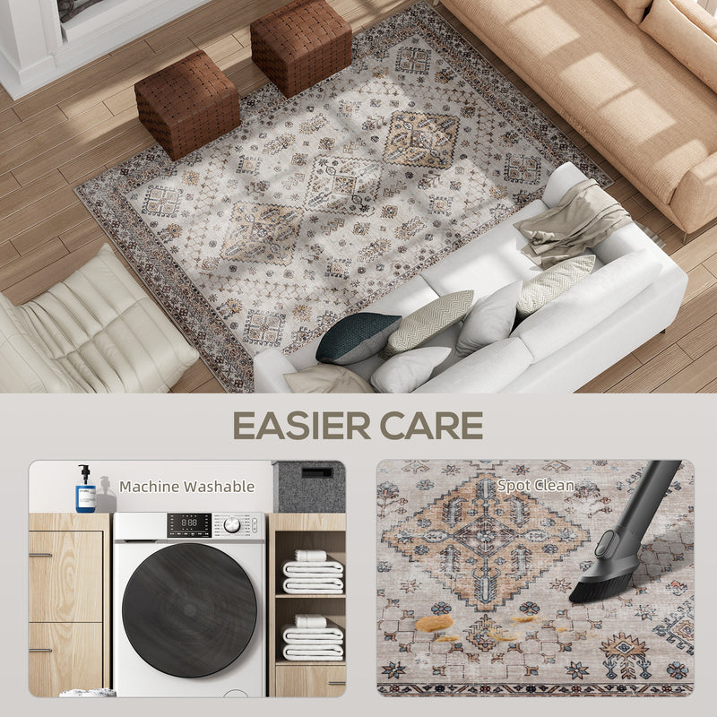 Washable Vintage Area Rug Non Slip Flannel Carpet for Living Room and Bedroom Beige