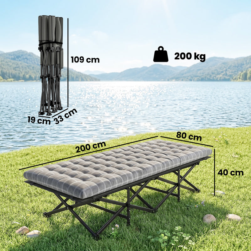 Folding Camping Bed with Extra Wide Surface and Padded Topper for Comfortable Sleep Grey