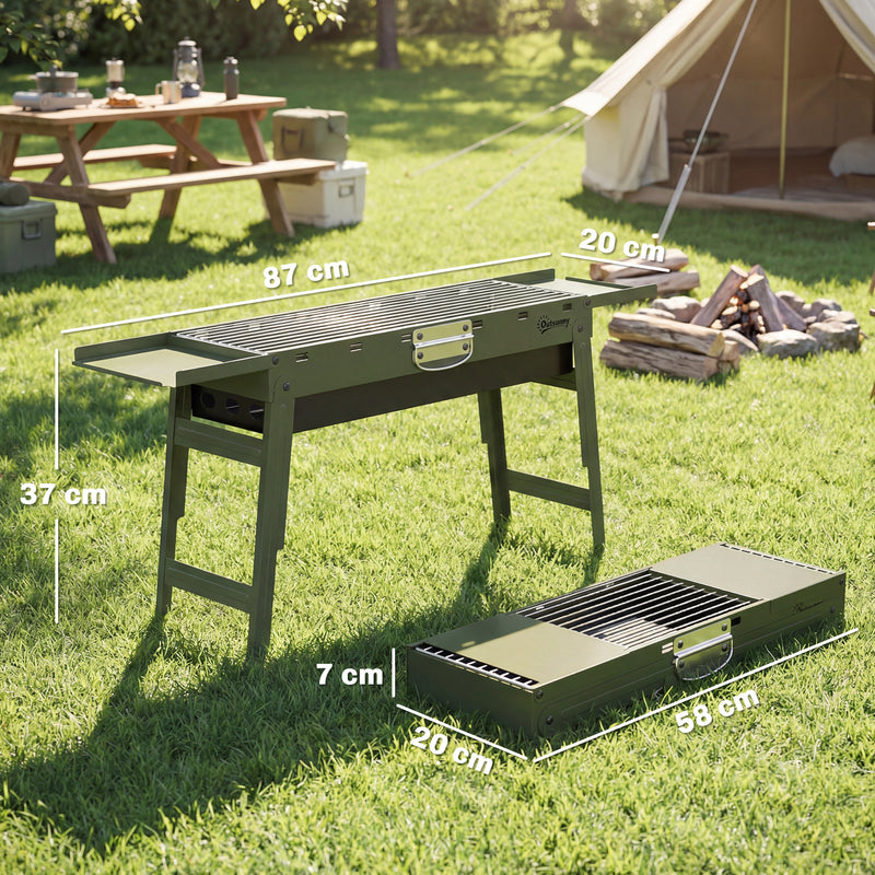 Portable Folding Charcoal Barbecue with Side Shelves for Easy Outdoor Grilling Green Outsunny