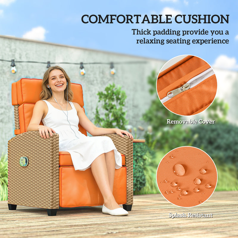 Rattan Recliner Garden Chair with Adjustable Back and Flip-Up Side Tray Khaki Outsunny