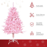 Feature panel with full look, easy set up, durable material and flame retardant icons beside the pink tree