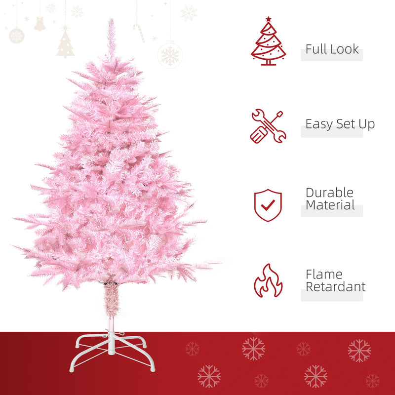 Feature panel with full look, easy set up, durable material and flame retardant icons beside the pink tree