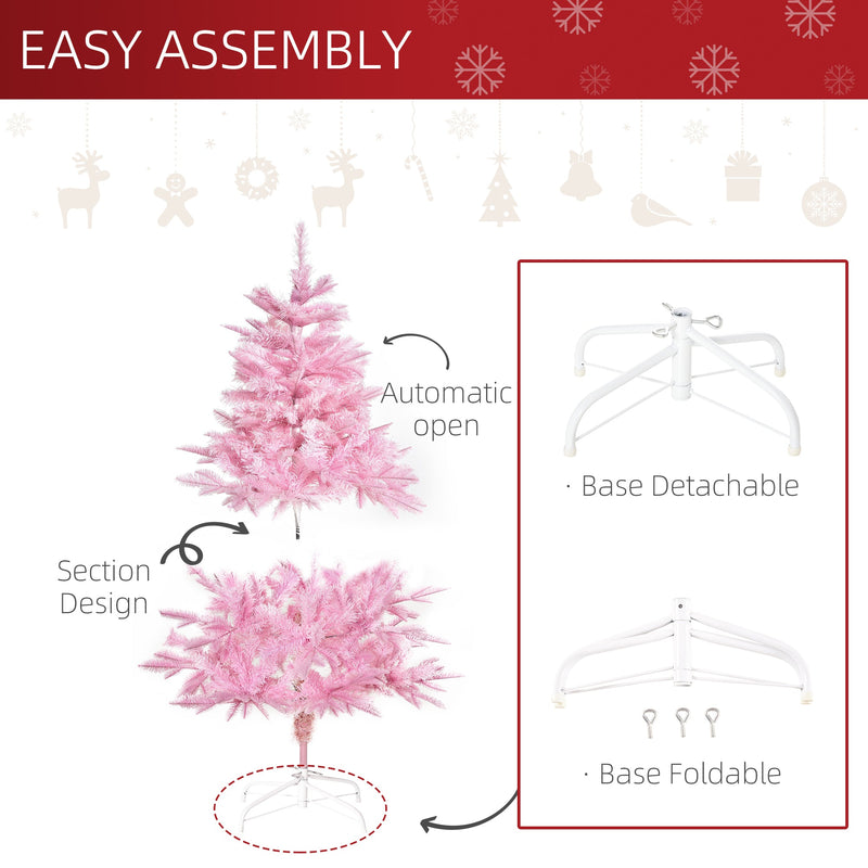 Easy assembly diagram showing the sectioned tree that opens automatically and a detachable, foldable base