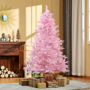 6ft pink Christmas tree in a warm living room next to a fireplace with gifts underneath