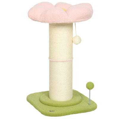 PawHut pink flower cat tree, studio shot showing the sisal post and green base