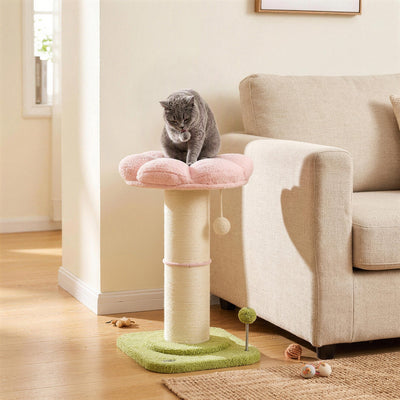 Grey cat perched on the flower top of the PawHut cat tree beside a sofa