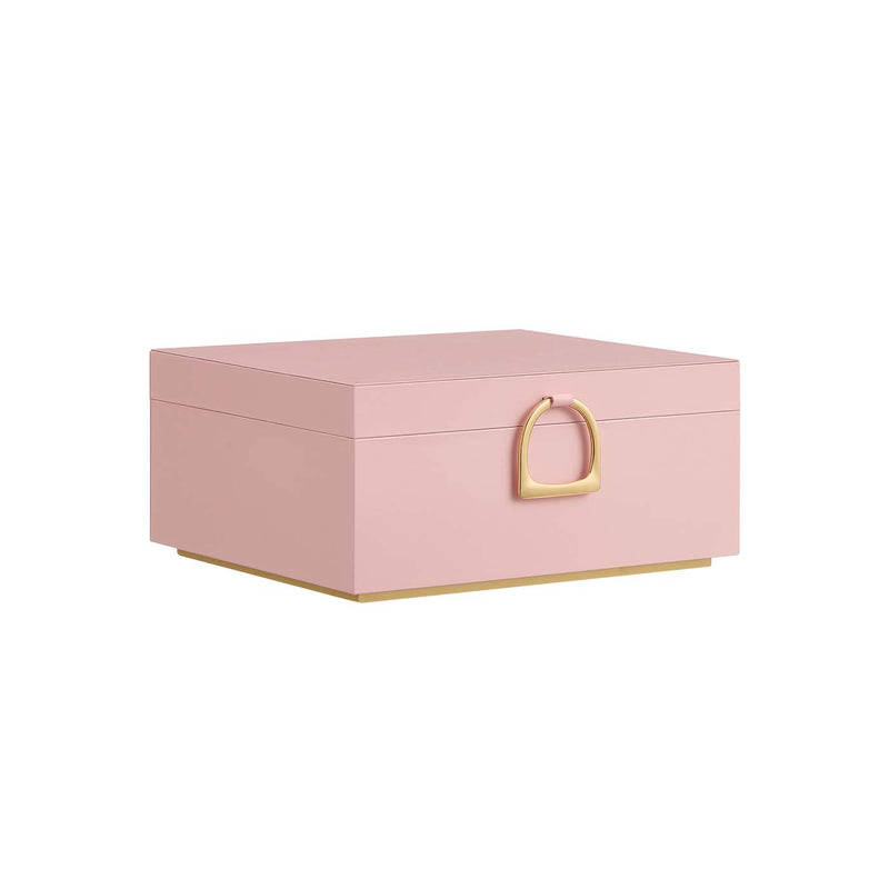 Pink and gold two-layer jewellery box with metal handle, closed