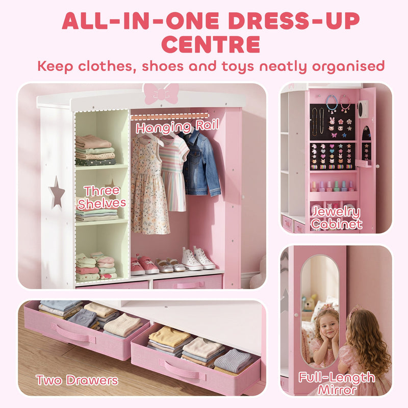 Infographic showing the wardrobe's hanging rail, three shelves, jewelry cabinet and two drawers