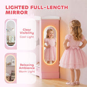 Full-length LED mirror lit in warm and cool light settings on the wardrobe door