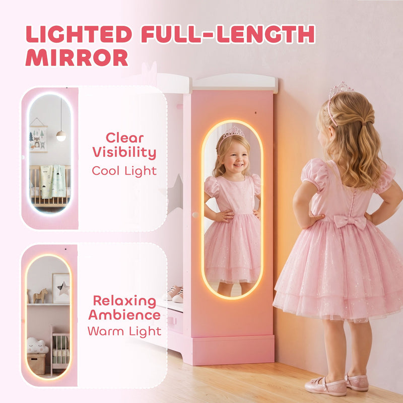 Full-length LED mirror lit in warm and cool light settings on the wardrobe door