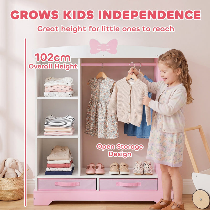 Diagram showing the wardrobe's 102 cm overall height beside a child reaching the rail