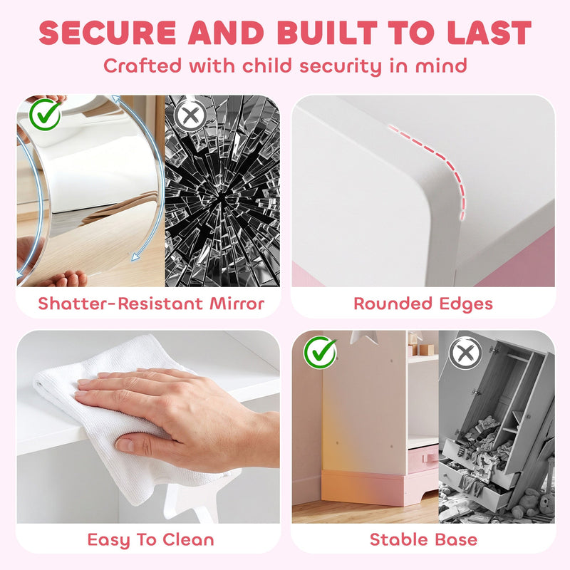 Close-up details of the shatter-resistant mirror, rounded edges and stable base