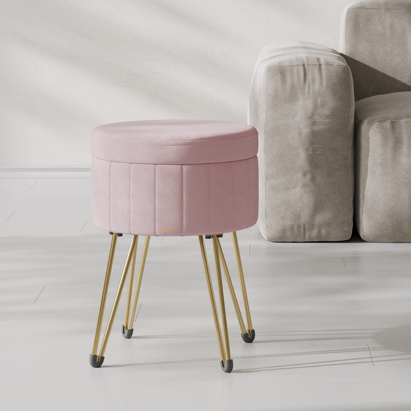 Pink velvet makeup stool by Songmics, lid open showing storage