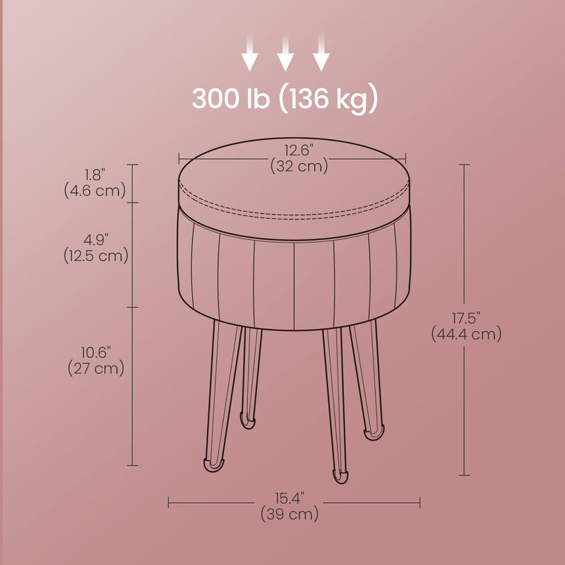 Pink velvet makeup stool by Songmics, dimensions diagram