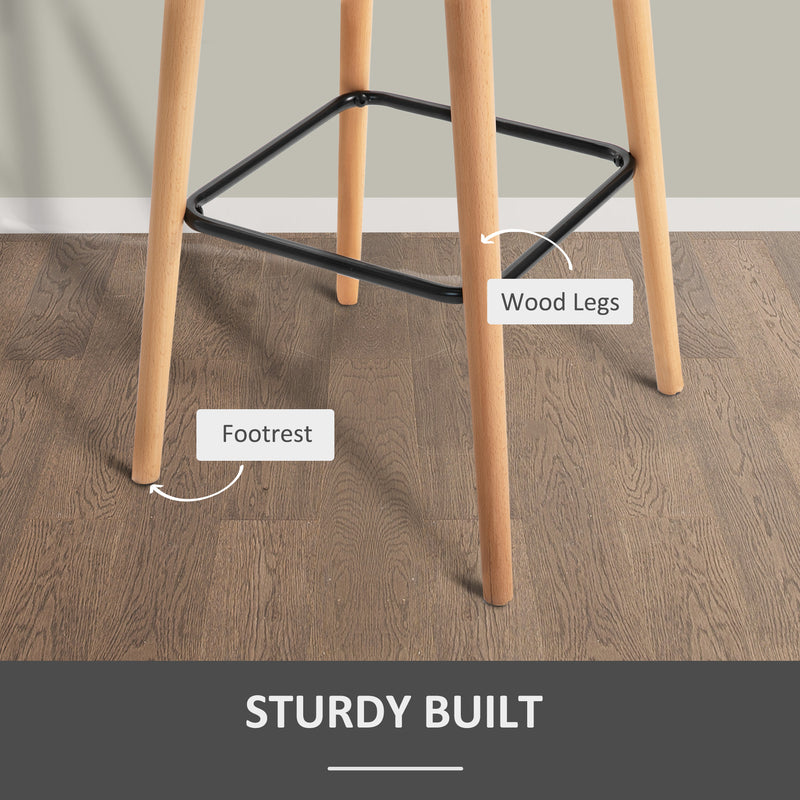 Set of 2 Upholstered Bar Stools with Solid Wood Legs for Kitchen or Dining Room Beige