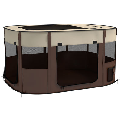 Foldable Dog Playpen with Carry Bag and Ground Stakes for Travel or Home Use, Brown