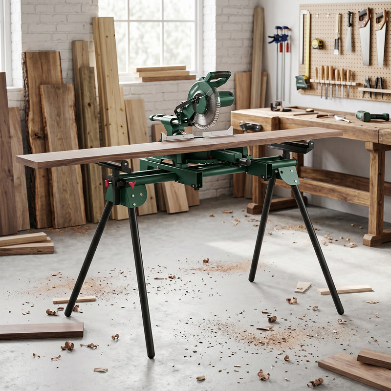 Mitre Saw Stand with Adjustable Rollers for Stable Timber Cutting Green