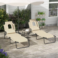 Set of 2 Folding Sun Loungers with Face Hole and Adjustable Backrest for Garden Use , Beige Outsunny