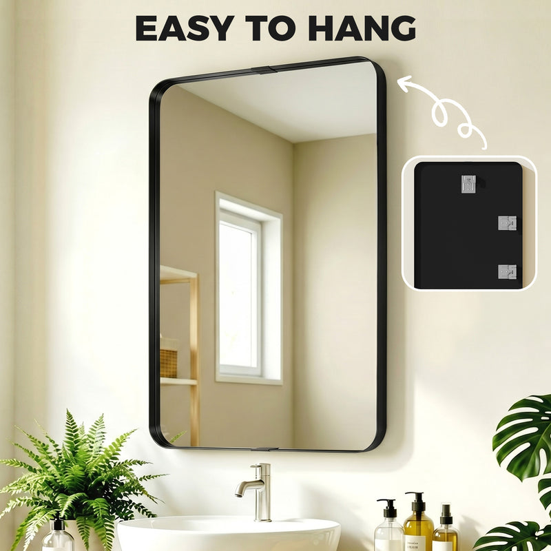 Wall Mirror with Shatter Resistant Tempered Glass and Rounded Corners for Safe Homes Black Homcom