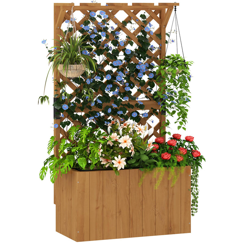 Wooden Planter with Trellis Raised Garden Bed with Liner for Vegetables and Flowers by Outsunny