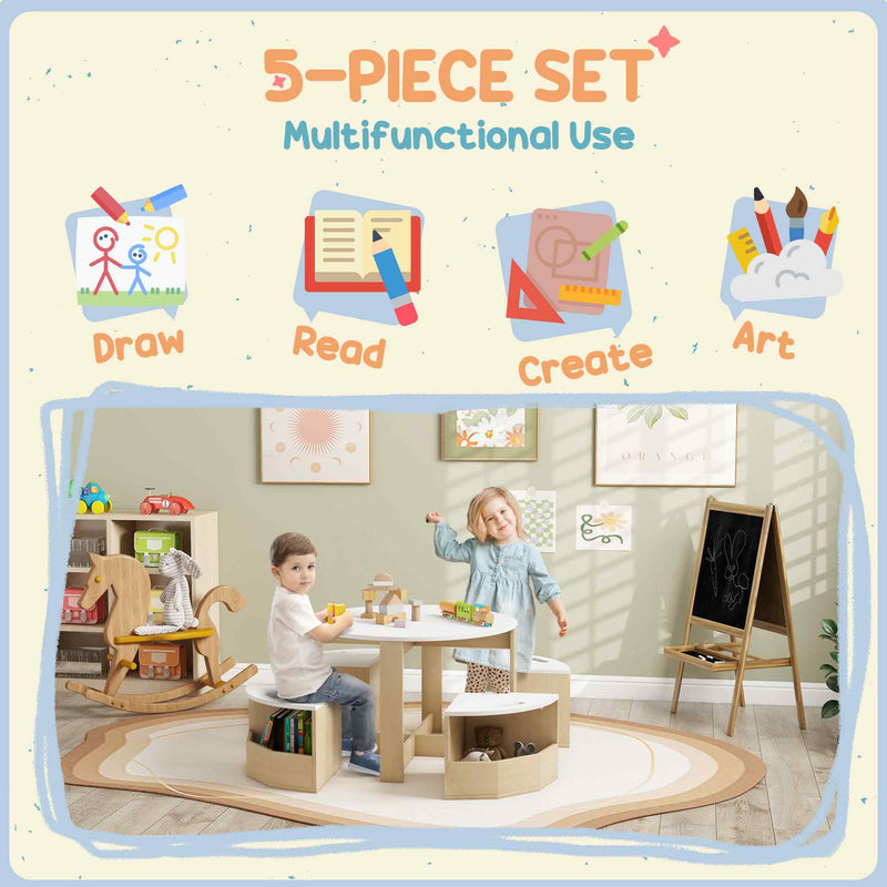 5 Piece Kids Table and Chairs Set with Storage Ideal for Ages 3 to 8 Years White AOSOM