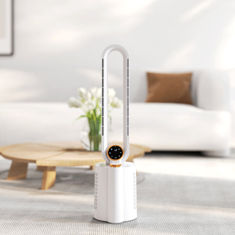 White Bladeless Tower Fan with Humidifier and Multi Modes for Home Cooling