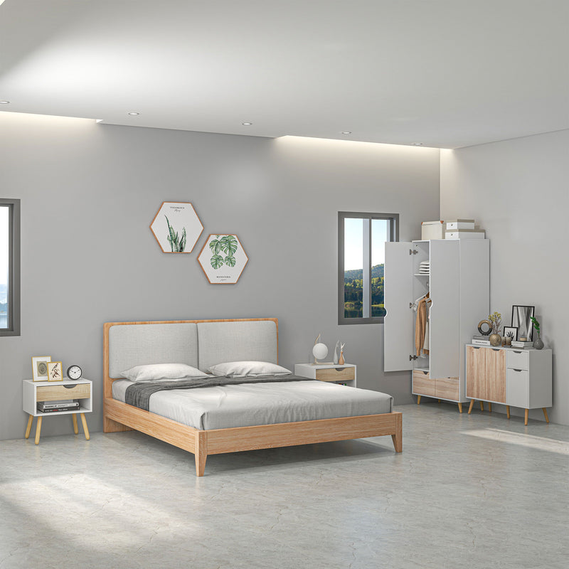 3 Piece Bedroom Furniture Set with Wardrobe Storage and Bedside Table, White and Wood AOSOM