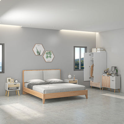3 Piece Bedroom Furniture Set with Wardrobe Storage and Bedside Table, White and Wood AOSOM