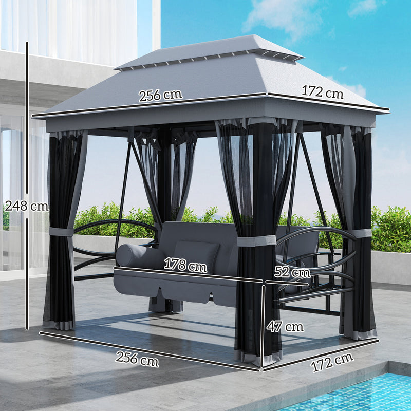 3-in-1 Garden Swing Bench with Canopy and Insect Net for Shaded Outdoor Relaxing Grey Outsunny