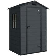 Dark grey plastic garden shed with an apex roof, side window and single lockable door
