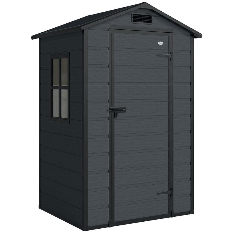Dark grey plastic garden shed with an apex roof, side window and single lockable door